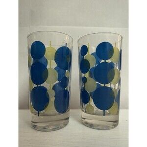 Pair of Federal Glass Mid-Century Blue and Yellow Atomic Circle Glasses